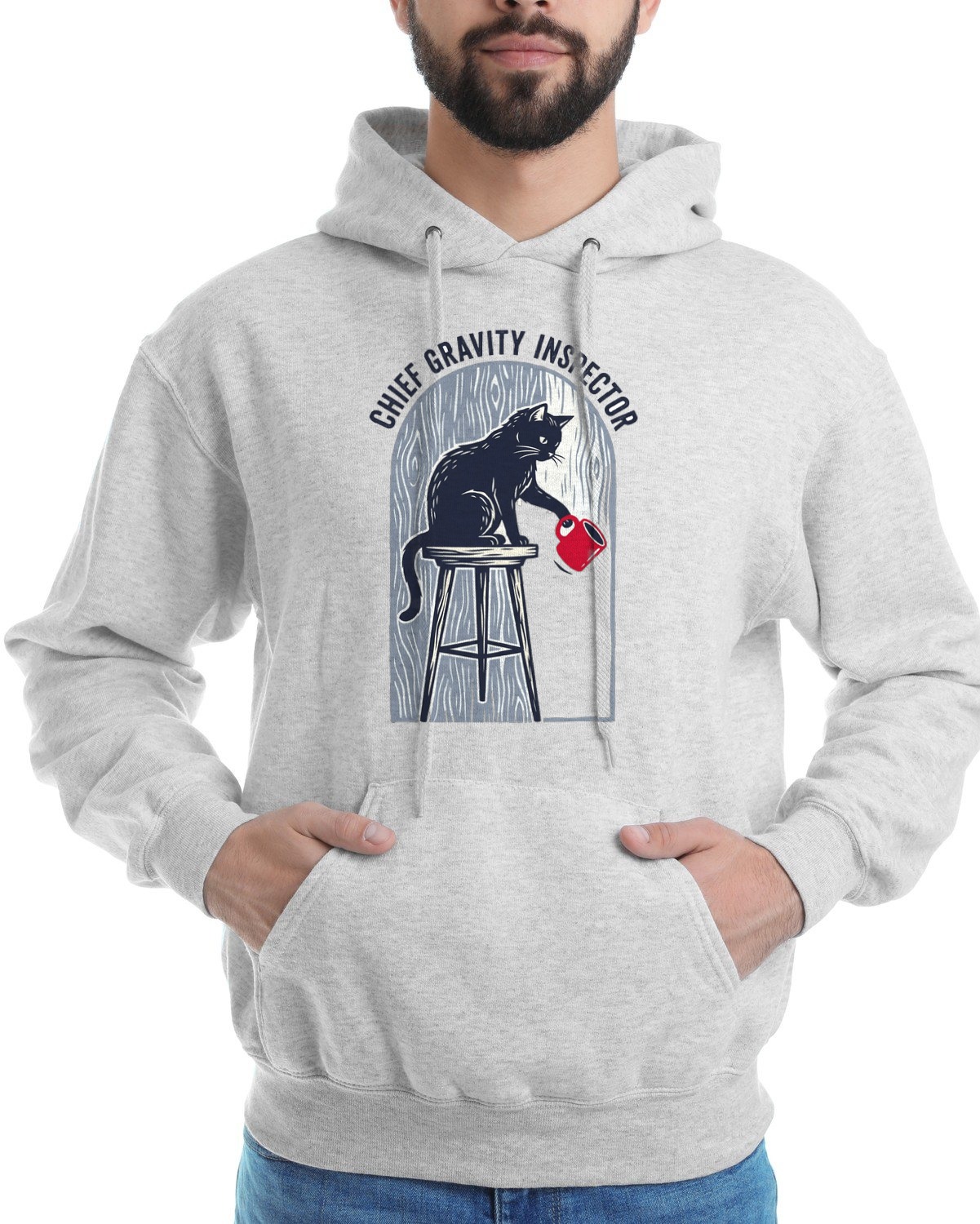 Chief Gravity Inspector Linocut Cat Hoodie — lifestyle photo