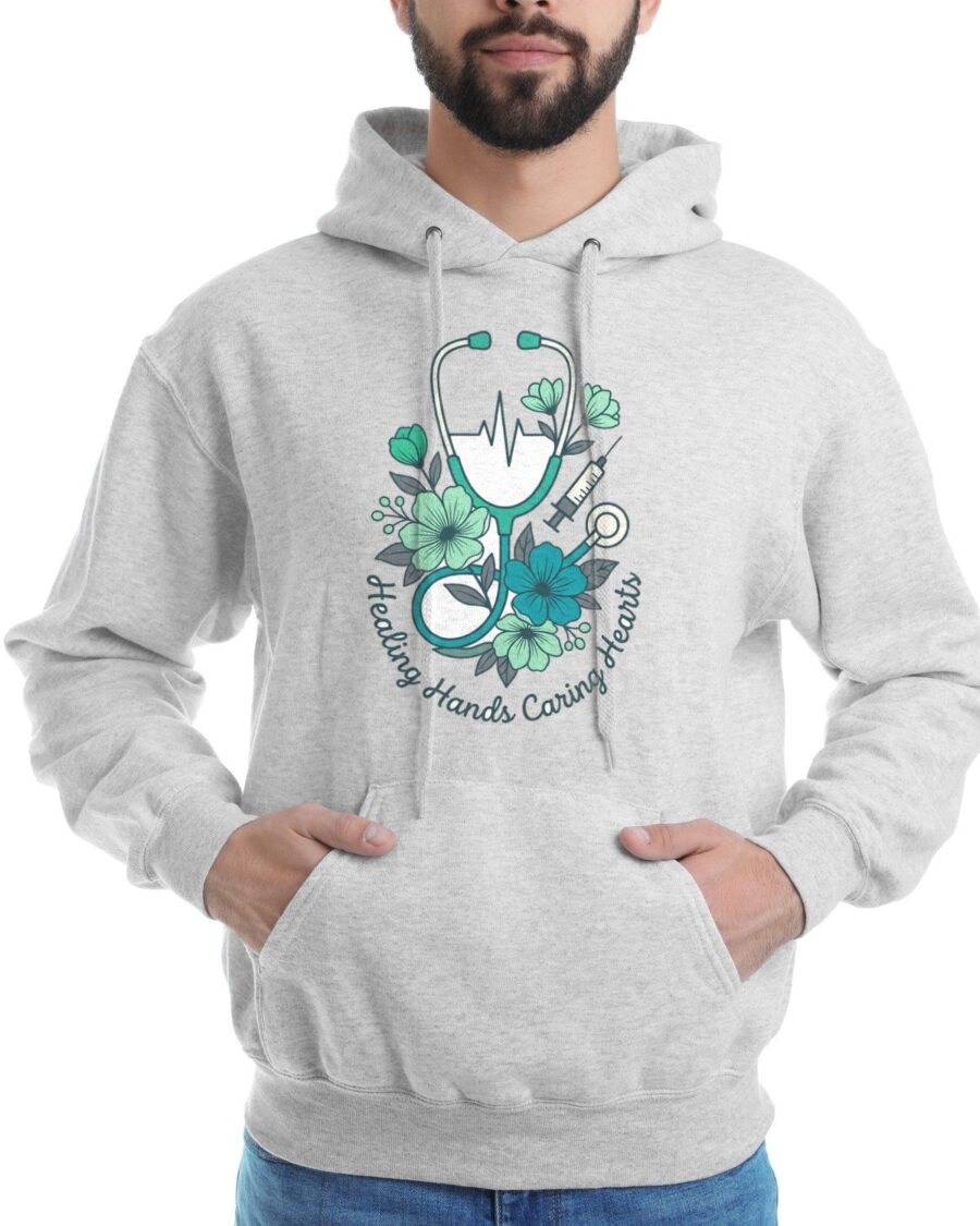 Healing Hands Floral Stethoscope Crest Hoodie — lifestyle photo