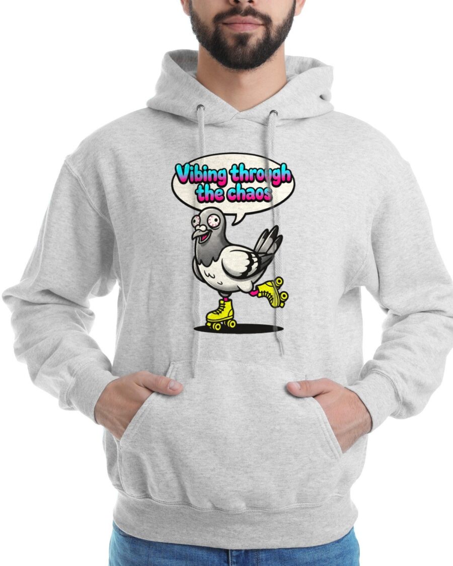 Vibing Through Chaos Pigeon Mascot Hoodie — lifestyle photo