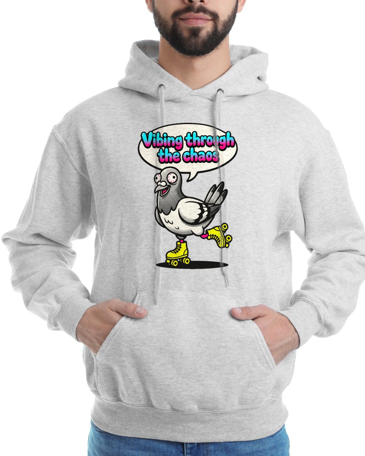 Vibing Through Chaos Pigeon Mascot Hoodie — lifestyle photo