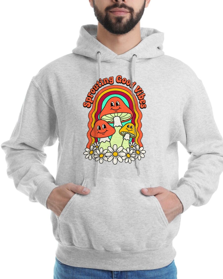 Sprouting Good Vibes Retro Mushroom Hoodie — lifestyle photo
