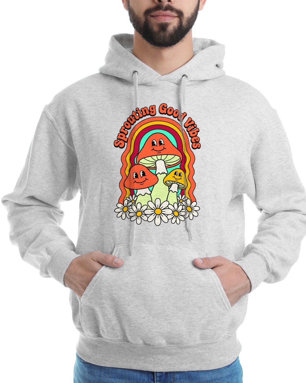 Sprouting Good Vibes Retro Mushroom Hoodie — lifestyle photo
