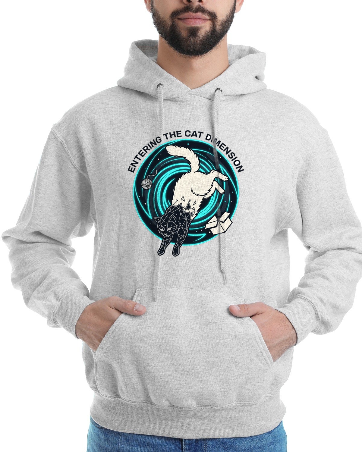 Feline Event Horizon Space Portal Hoodie — lifestyle photo