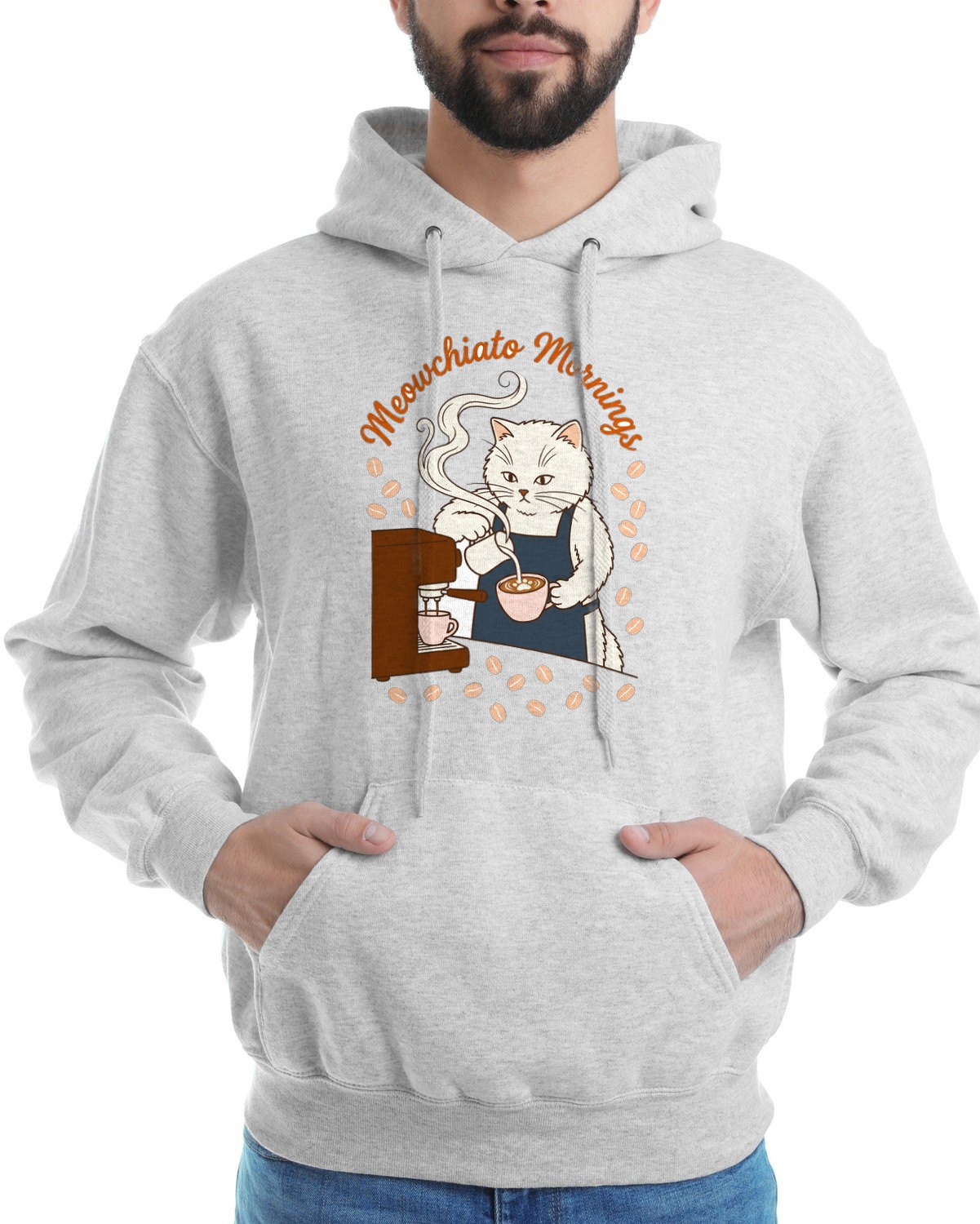 Meowchiato Mornings Cozy Cat Barista Hoodie — lifestyle photo
