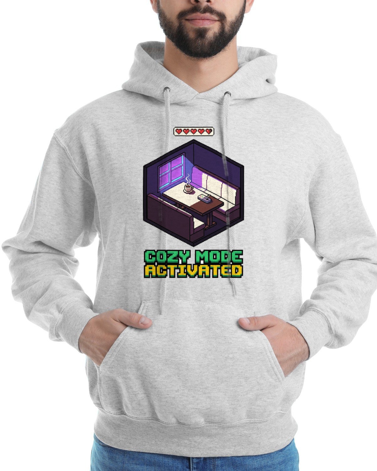 Cozy Mode Isometric Pixel Cafe Booth Hoodie — lifestyle photo