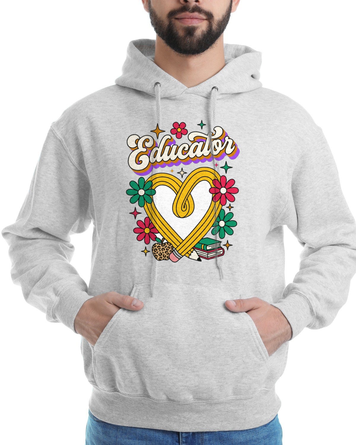 Groovy Educator Retro Pencil Heart Hoodie — lifestyle photo