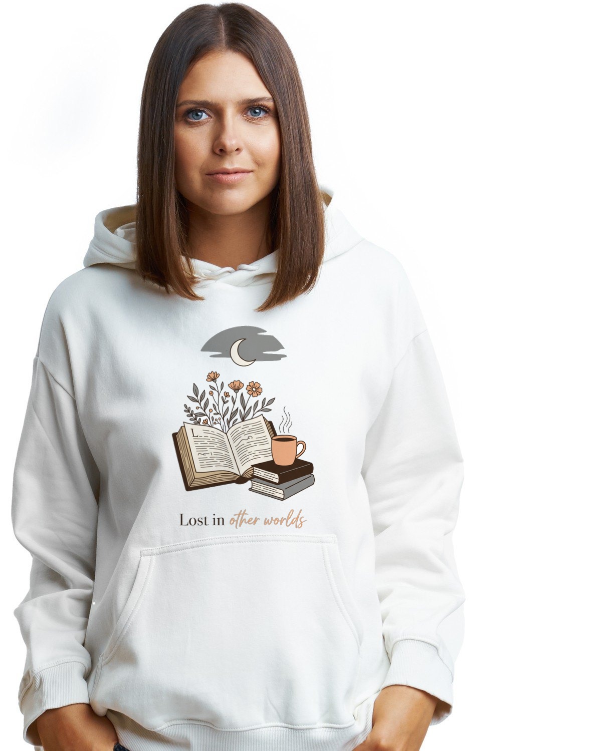 Moonlit Escapism Botanical Book Stack Hoodie — lifestyle photo