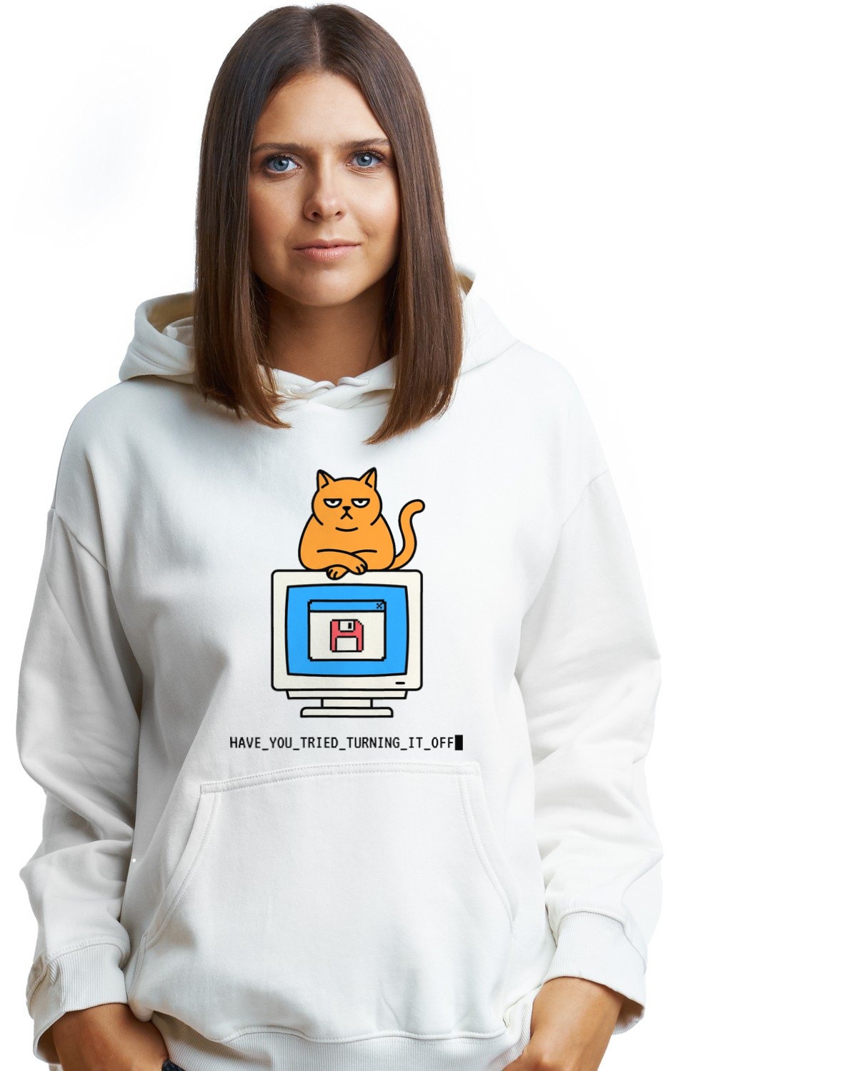 Did You Try Turning It Off Cat Tee Hoodie — lifestyle photo