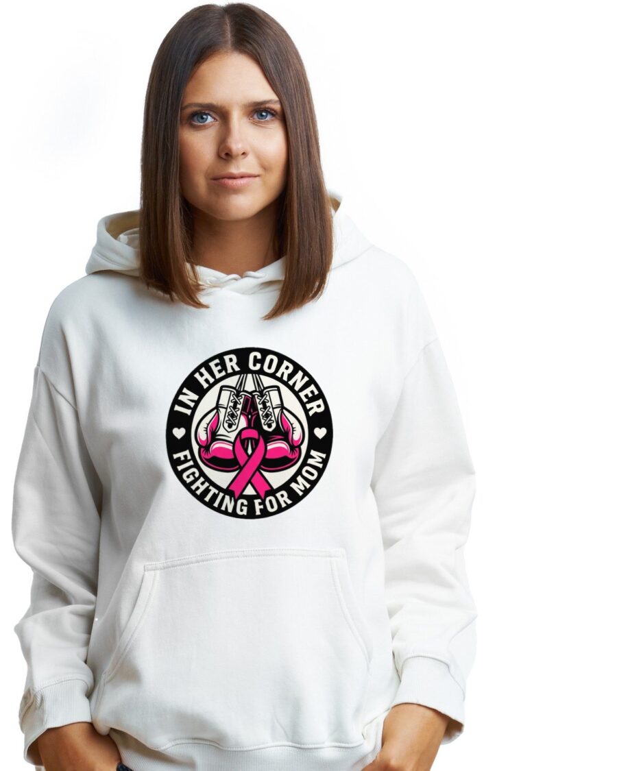 Mom's Corner Pink Ribbon Boxing Club Hoodie — lifestyle photo