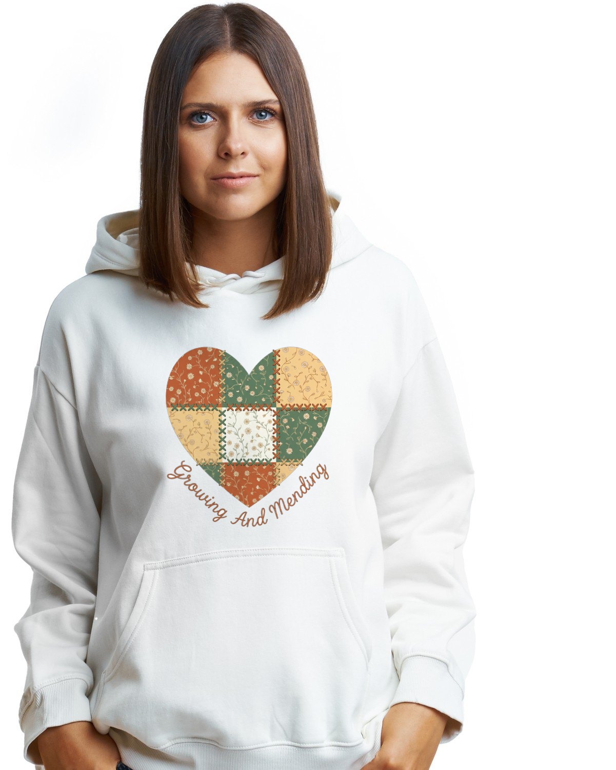 Stitched Together Patchwork Heart Hoodie — lifestyle photo