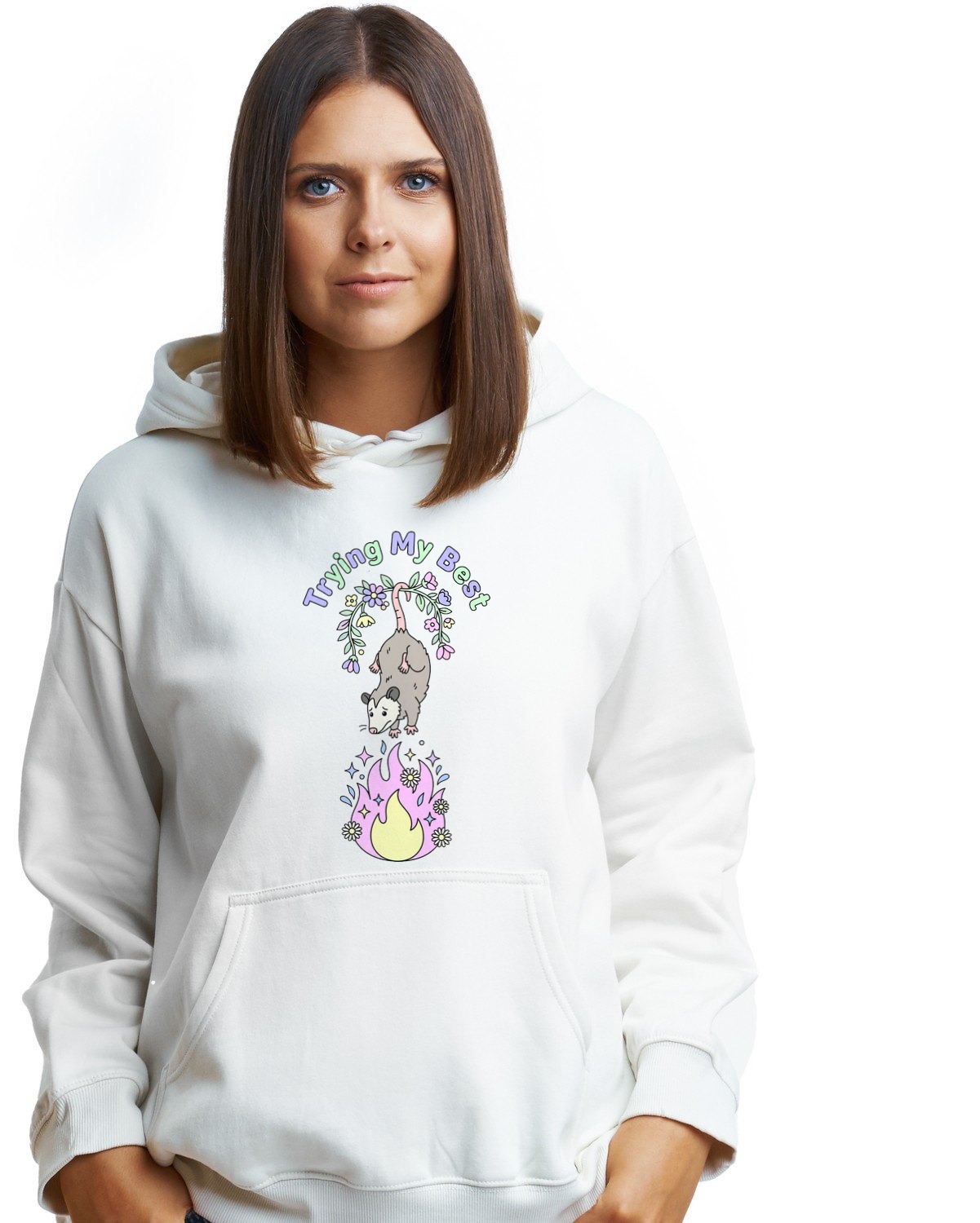 Trying My Best Dumpster Fire Opossum Hoodie — lifestyle photo