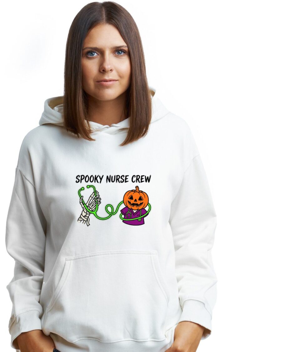 Skeleton Pulse Jack-O-Lantern Scrubs Hoodie — lifestyle photo