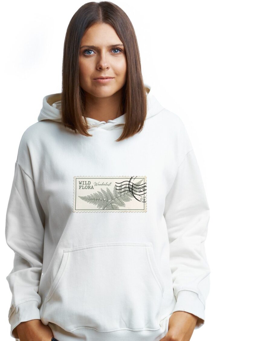 Alpine Fern Vintage Postage Stamp Hoodie — lifestyle photo