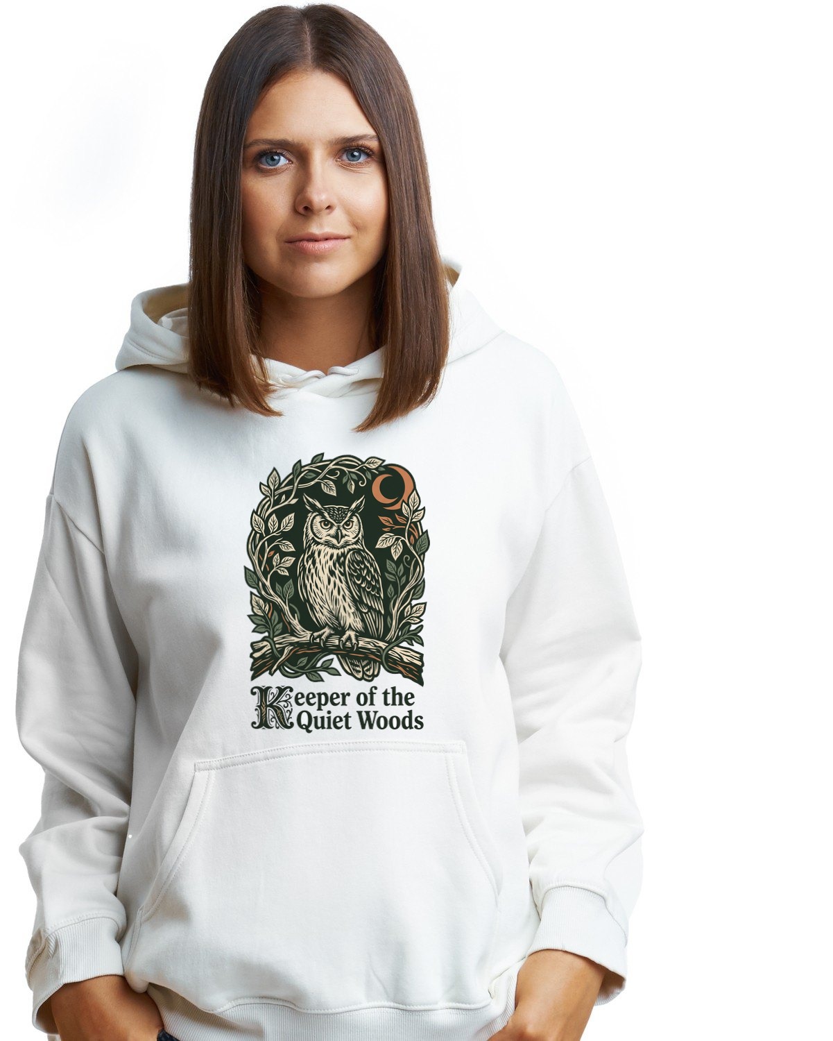 Midnight Forager Linocut Owl Hoodie — lifestyle photo