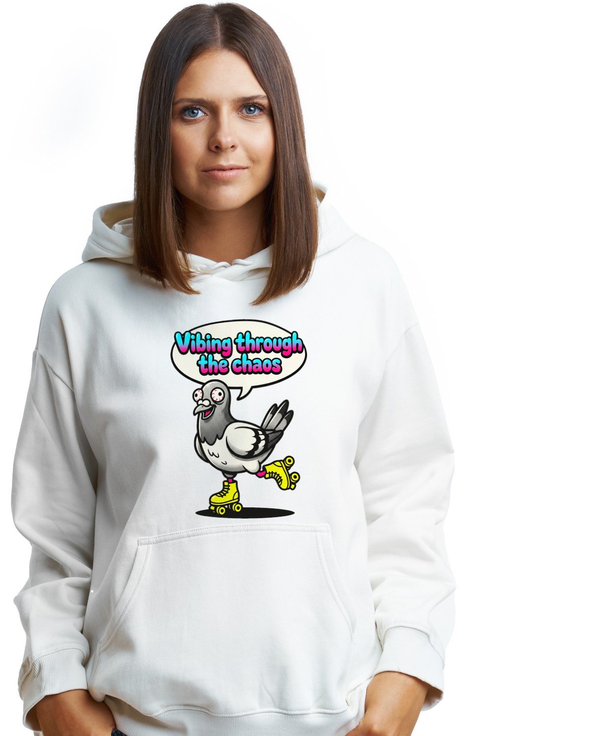 Vibing Through Chaos Pigeon Mascot Hoodie — lifestyle photo