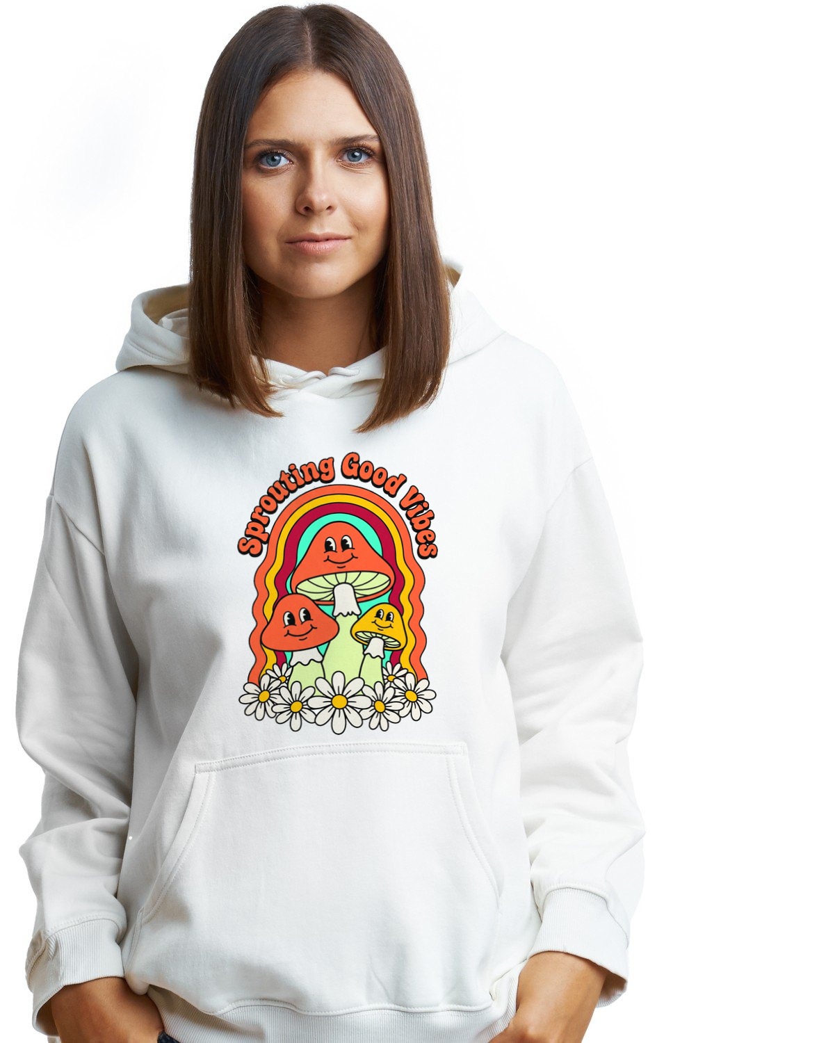 Sprouting Good Vibes Retro Mushroom Hoodie — lifestyle photo