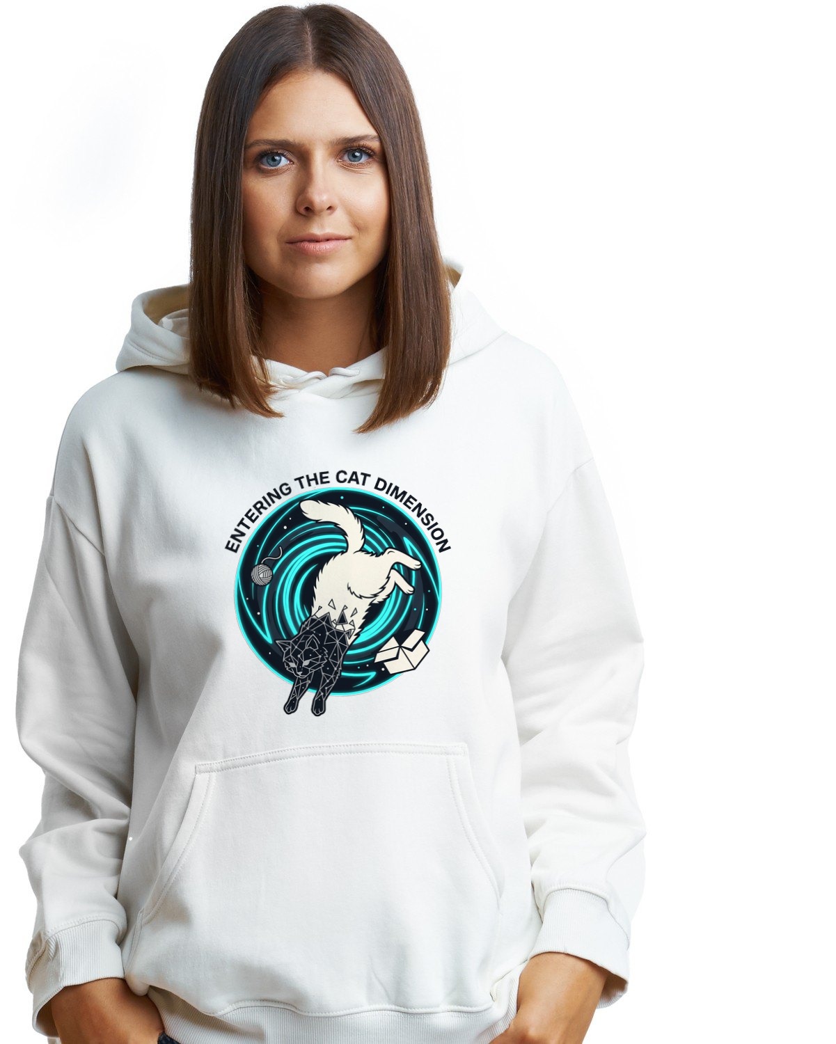 Feline Event Horizon Space Portal Hoodie — lifestyle photo