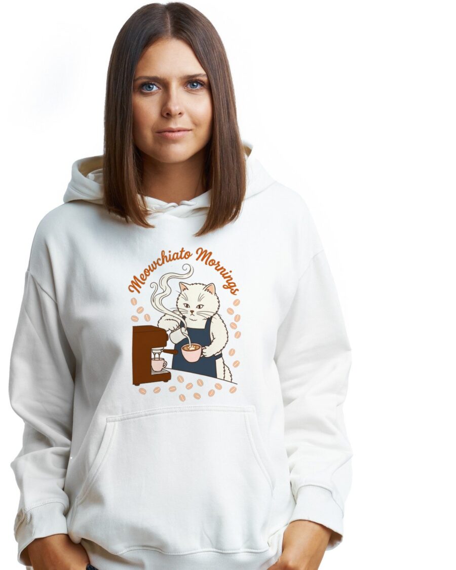 Meowchiato Mornings Cozy Cat Barista Hoodie — lifestyle photo