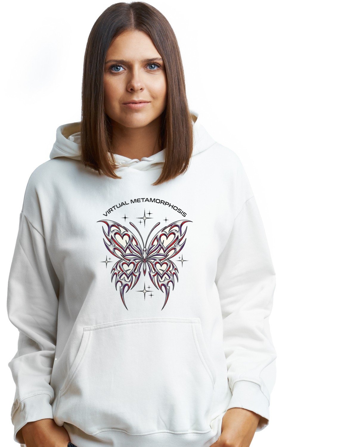 Virtual Metamorphosis Chrome Butterfly Hoodie — lifestyle photo