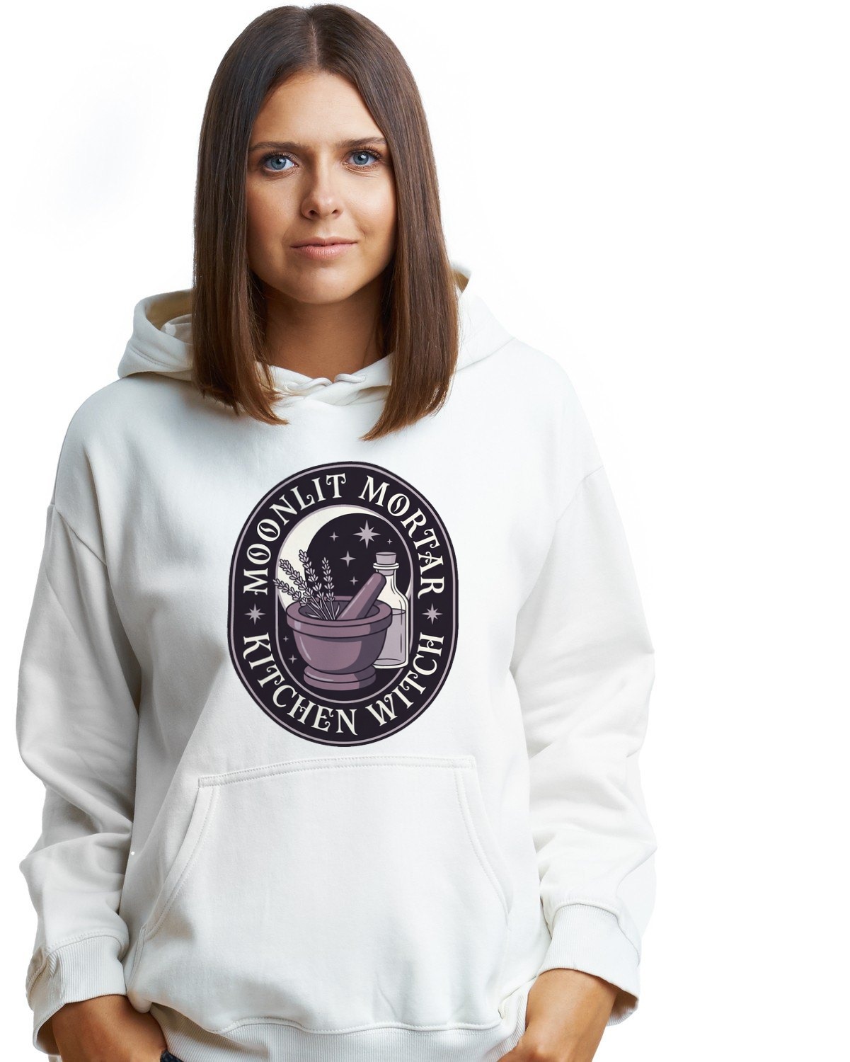 Moonlit Mortar Kitchen Witch Hoodie — lifestyle photo
