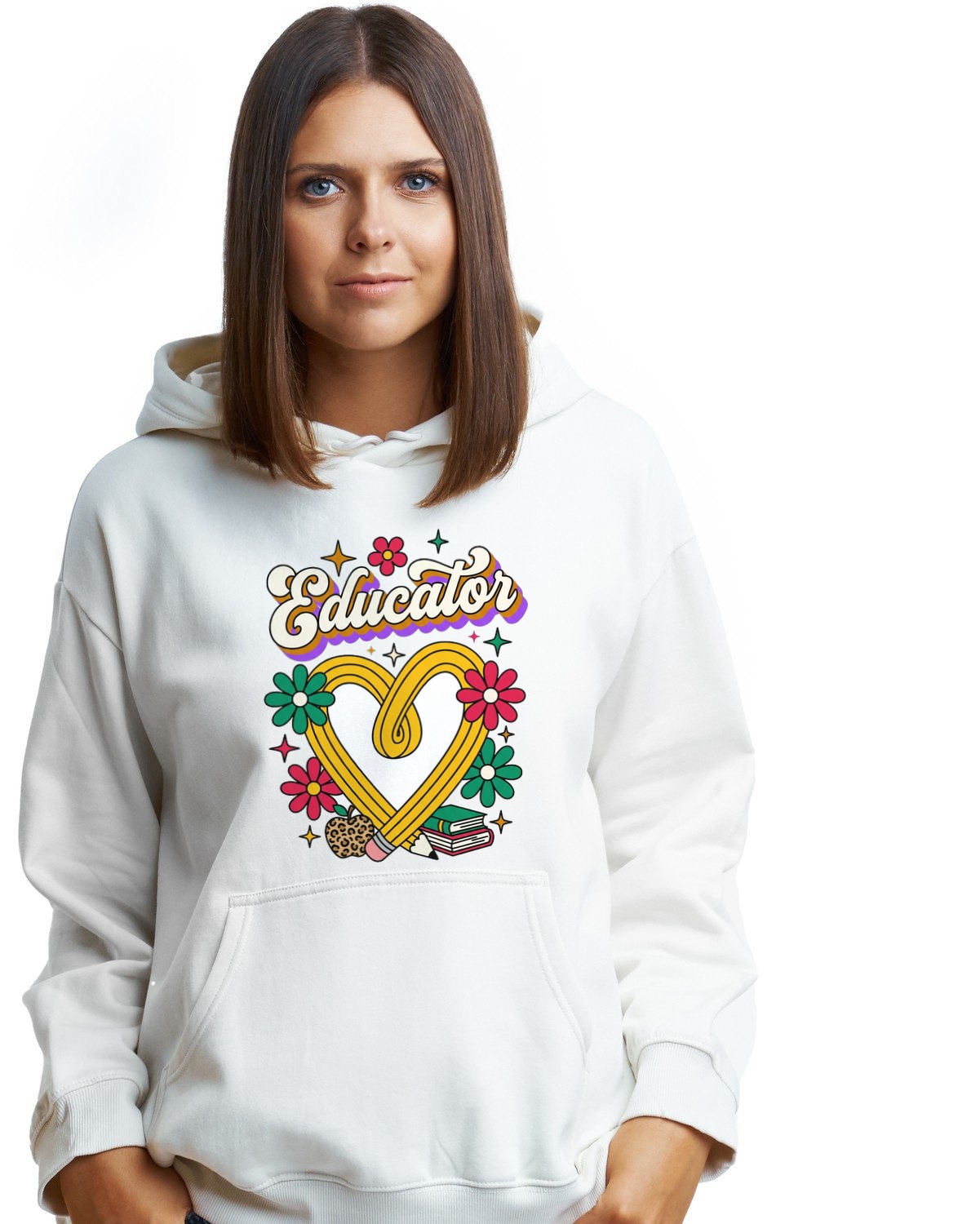 Groovy Educator Retro Pencil Heart Hoodie — lifestyle photo