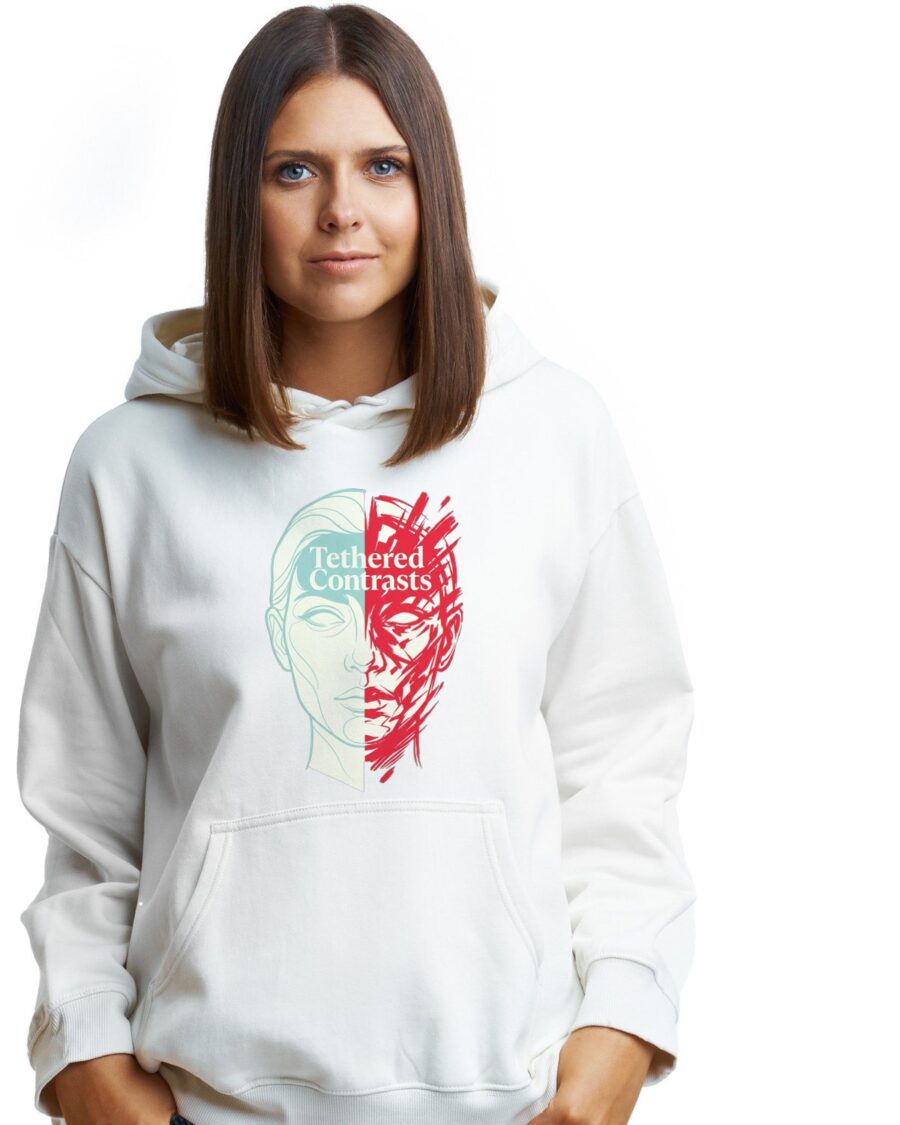 Tethered Contrasts Surreal Split Portrait Hoodie — lifestyle photo