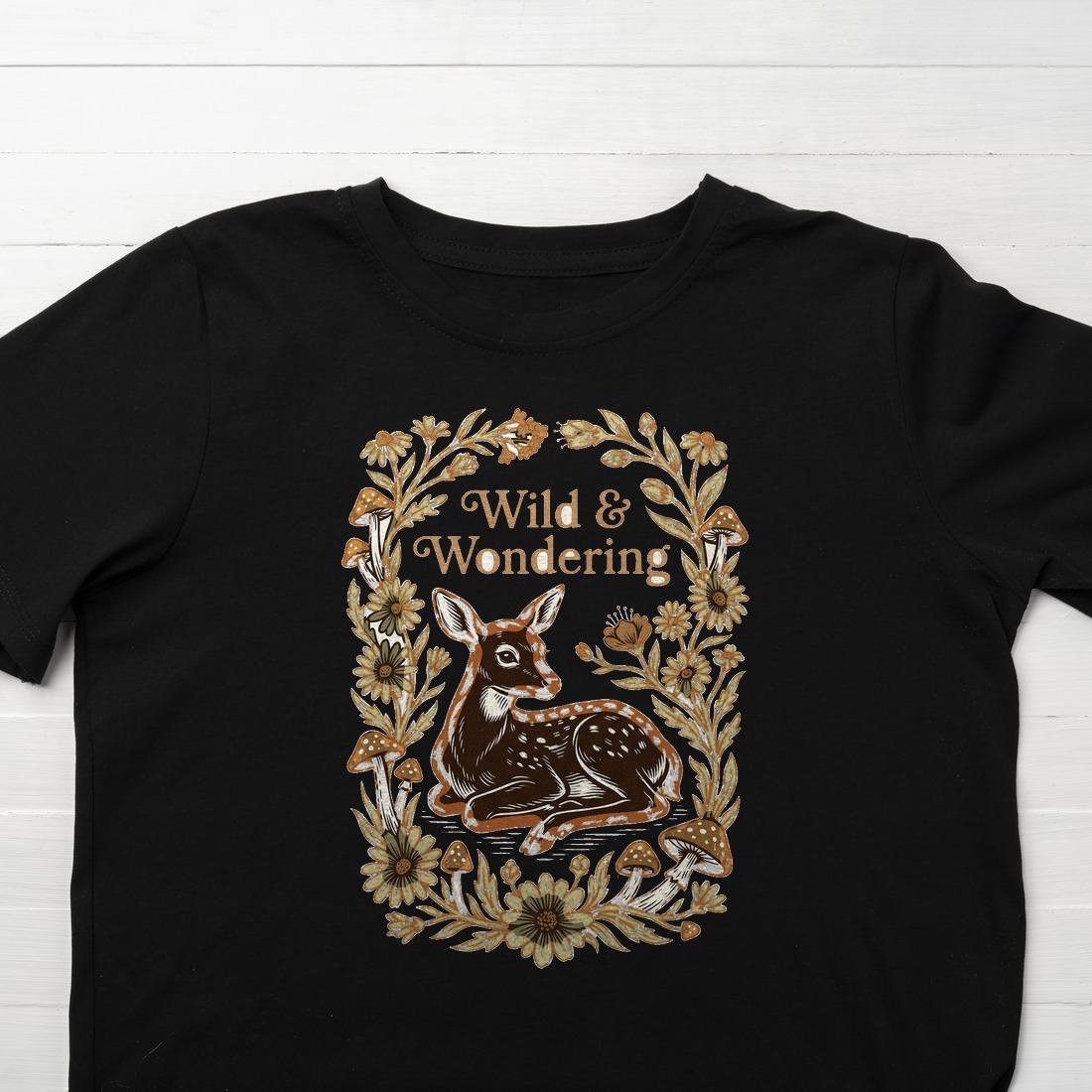 Forest Child Vintage Fawn & Fungi Kids Tee — lifestyle photo