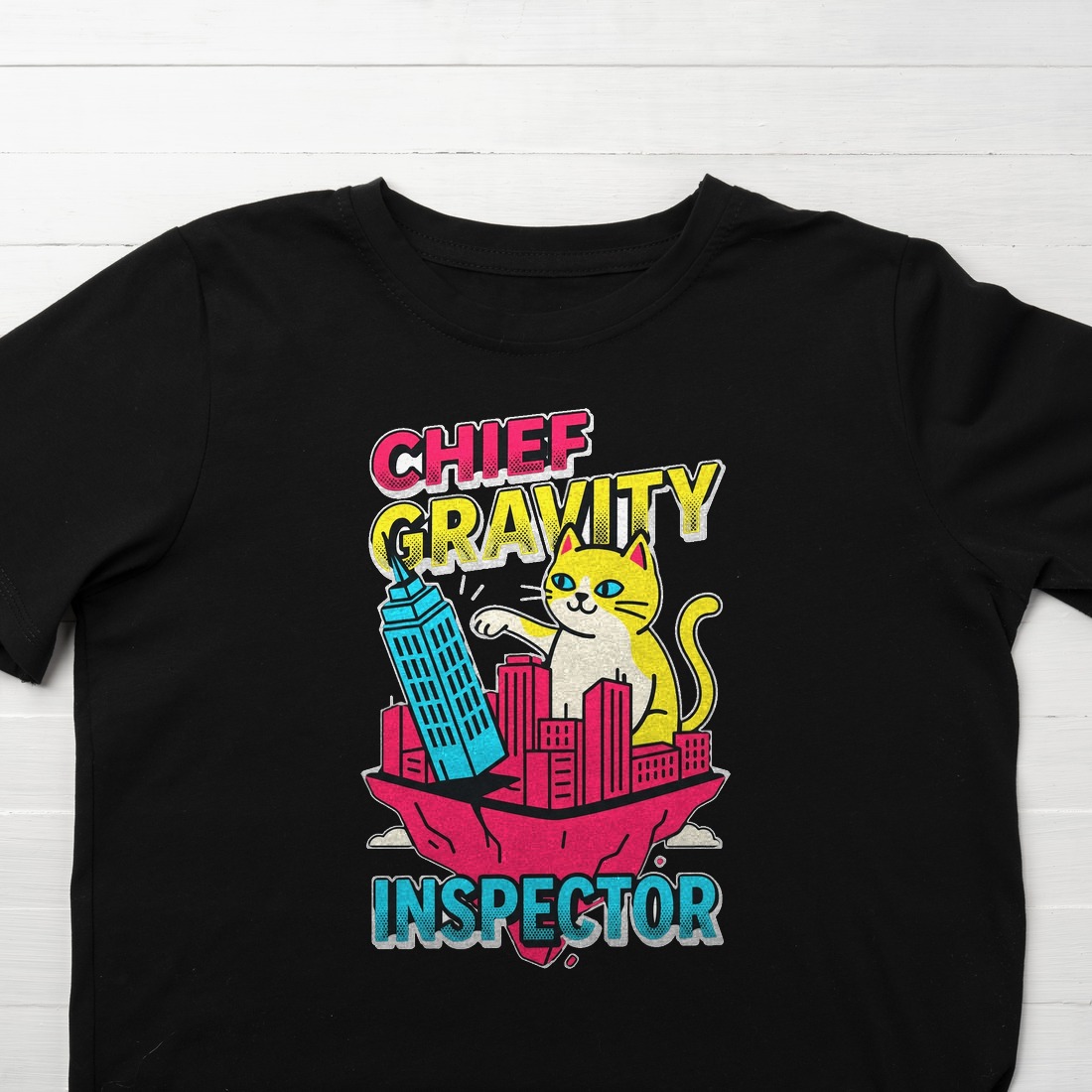 Chief Gravity Inspector Kaiju Cat Kids Tee — lifestyle photo