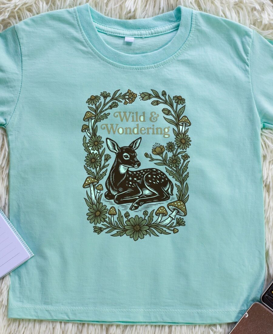 Forest Child Vintage Fawn & Fungi Kids Tee — lifestyle photo