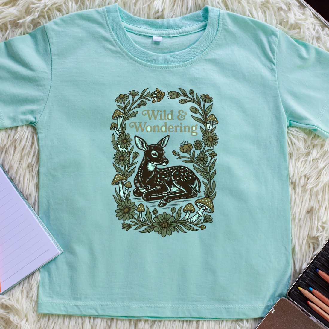 Forest Child Vintage Fawn & Fungi Kids Tee — lifestyle photo
