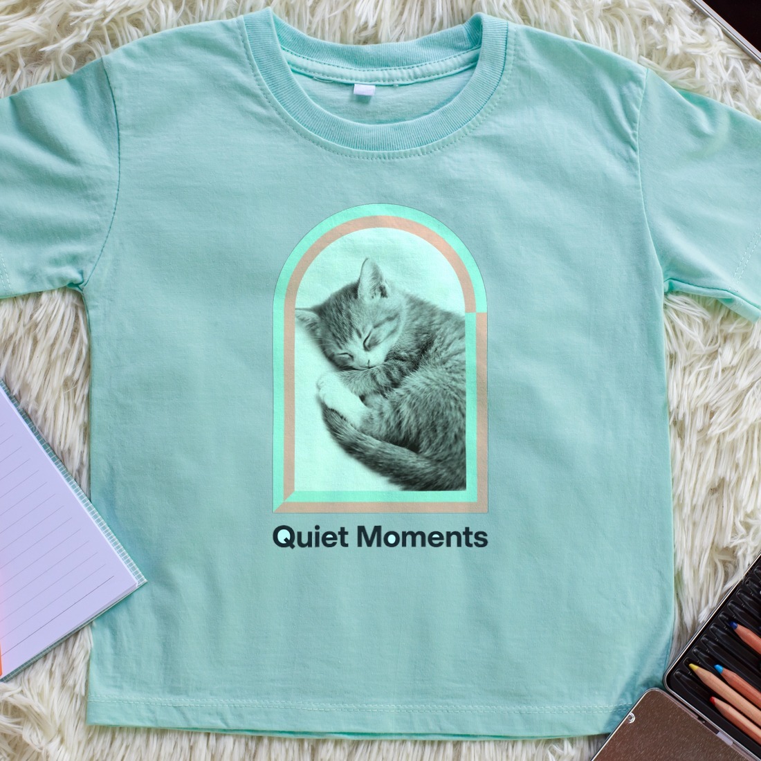 Pastel Window Dreaming Kitten Kids Tee — lifestyle photo