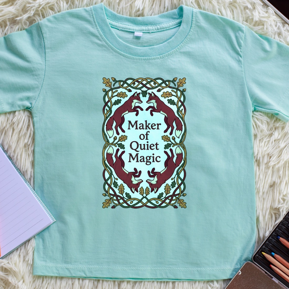 Woven Woods Fox & Flora Tapestry Kids Tee — lifestyle photo