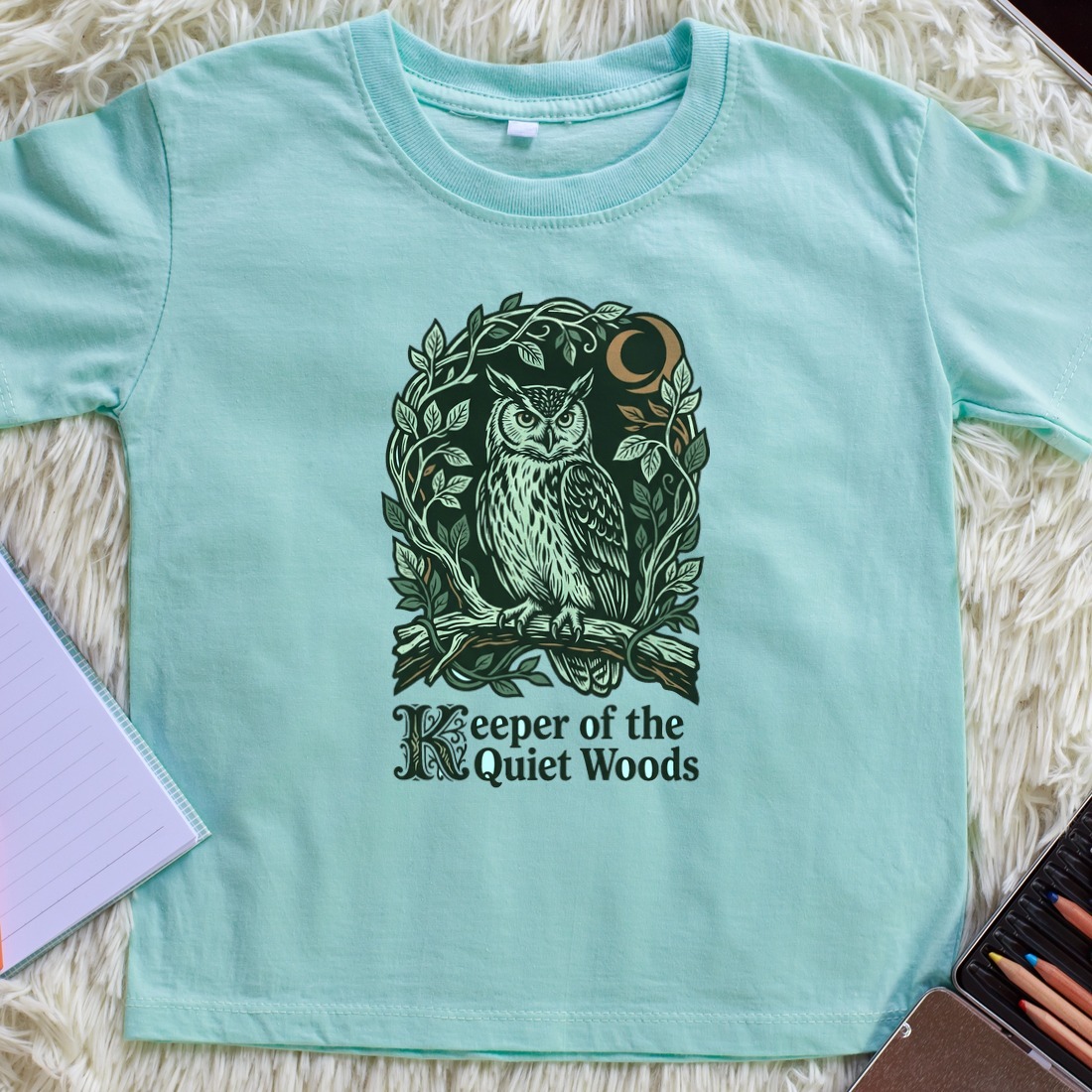 Midnight Forager Linocut Owl Kids Tee — lifestyle photo