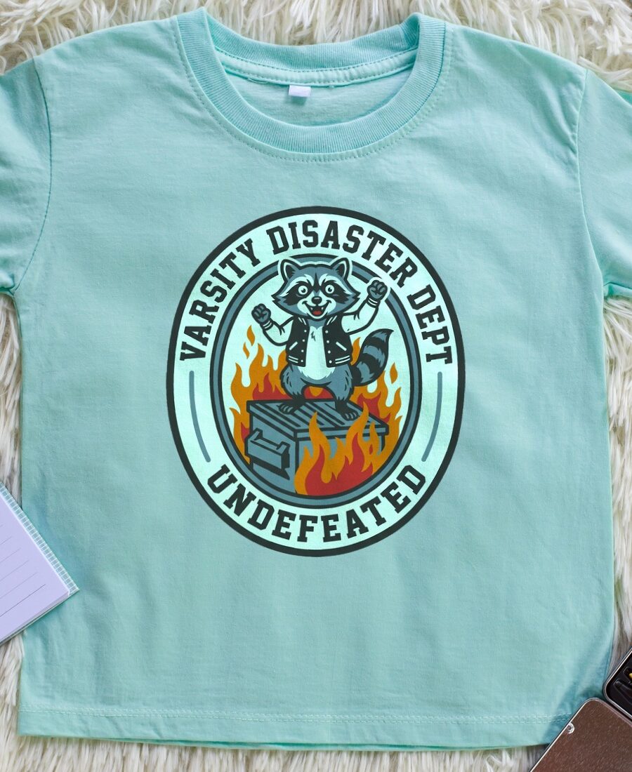 Varsity Disaster Dept Mascot Badge Kids Tee — lifestyle photo