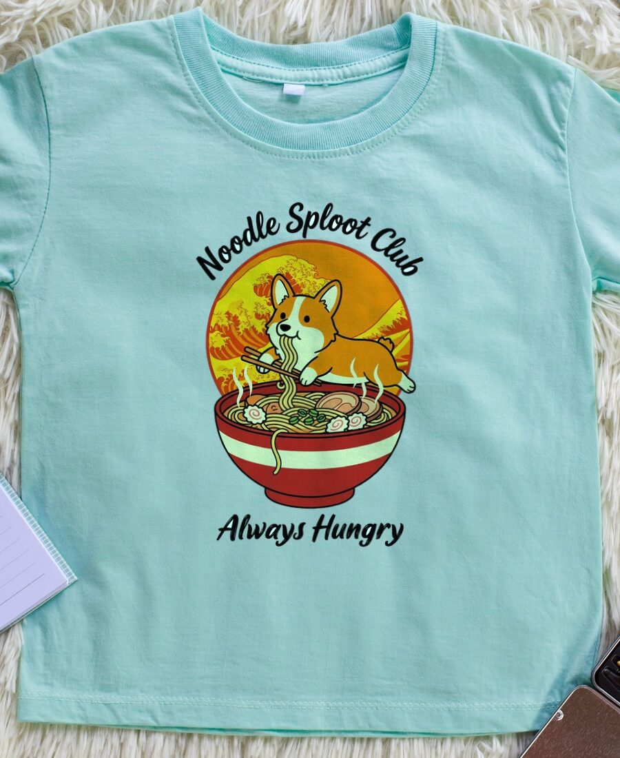 Noodle Sploot Retro Ramen Club Kids Tee — lifestyle photo