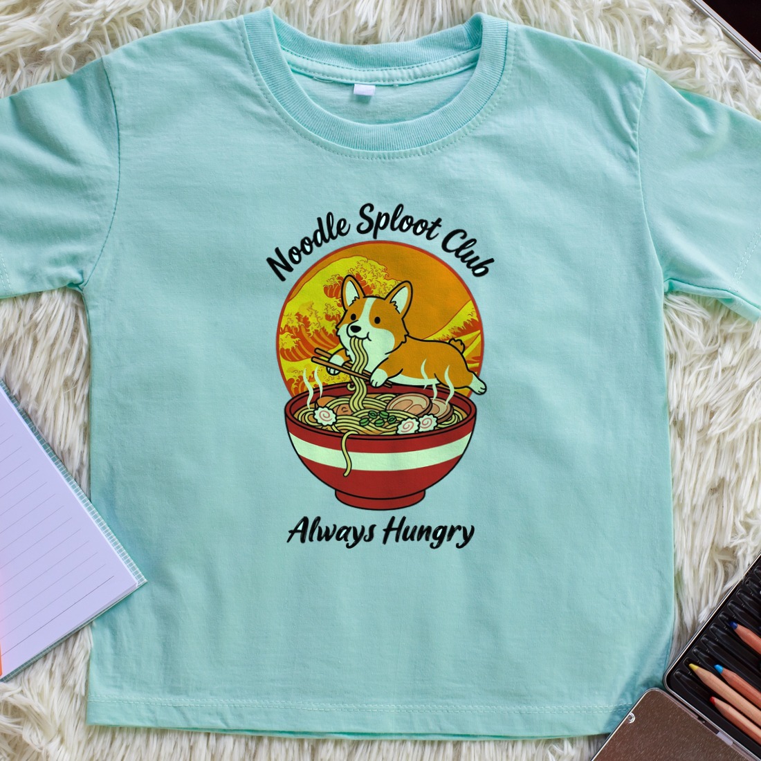Noodle Sploot Retro Ramen Club Kids Tee — lifestyle photo