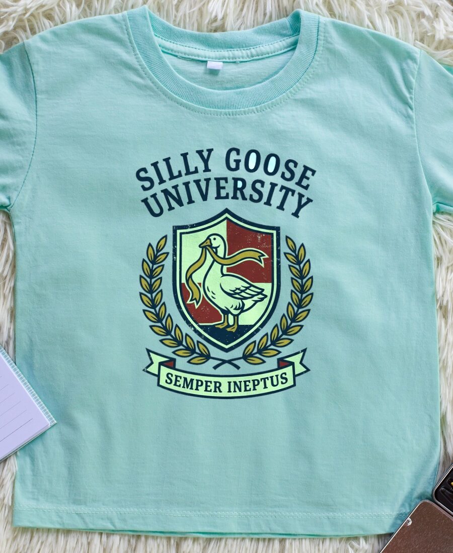 Silly Goose Univ Alumni Crest Kids Tee — lifestyle photo