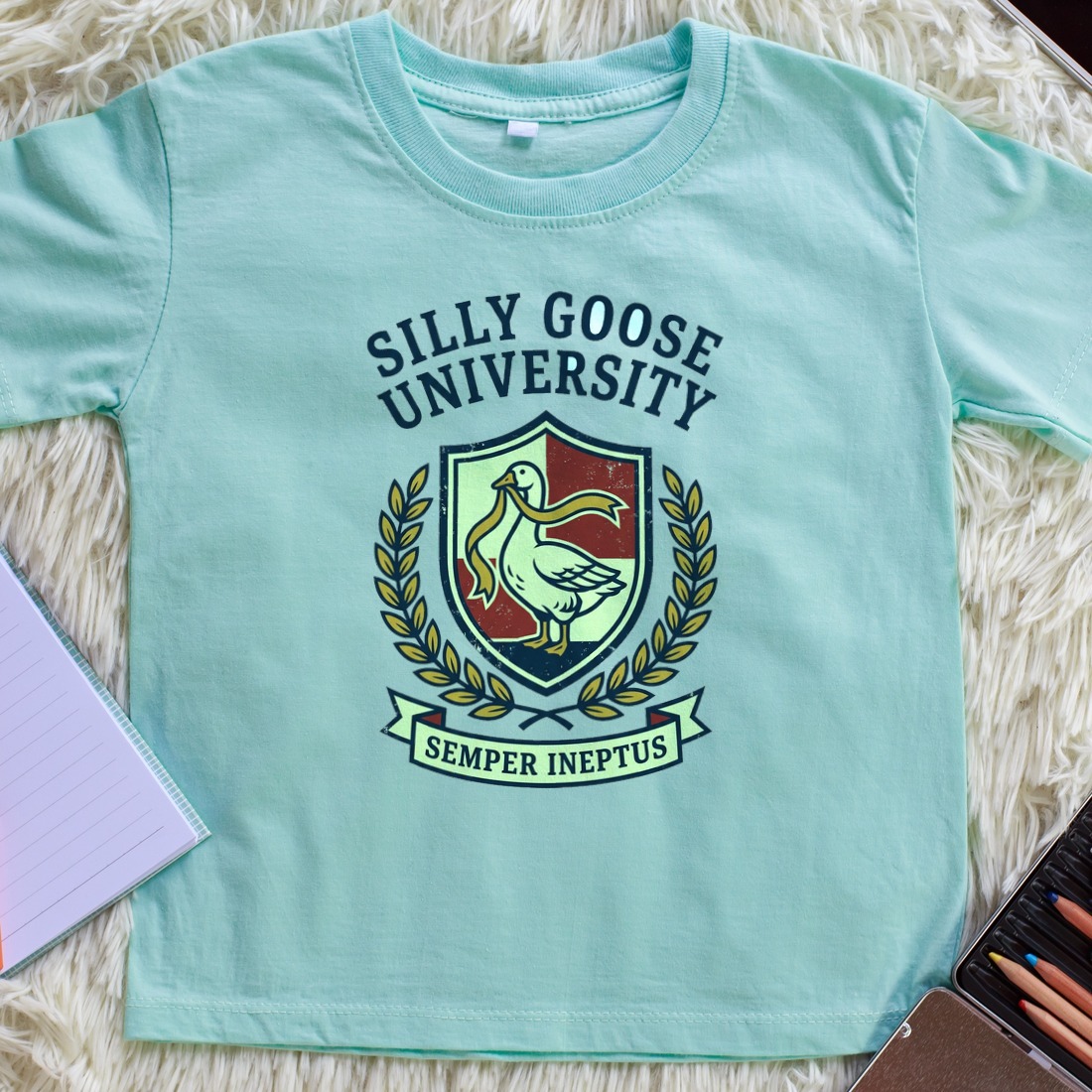Silly Goose Univ Alumni Crest Kids Tee — lifestyle photo