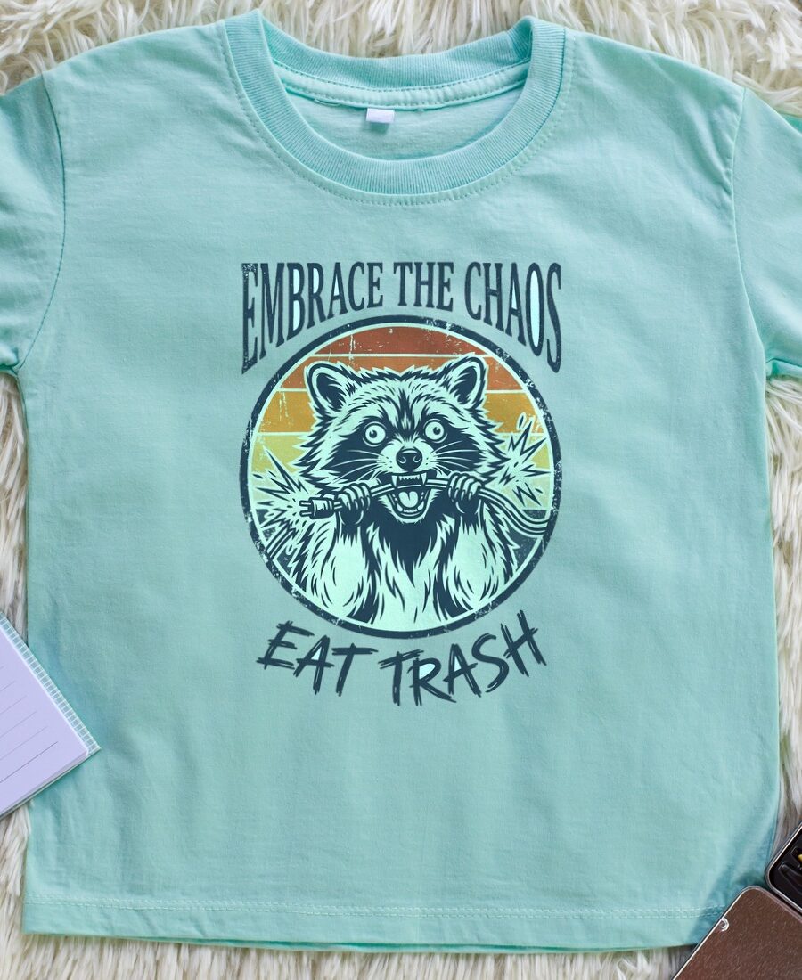Feral & Free Retro Trash Panda Kids Tee — lifestyle photo