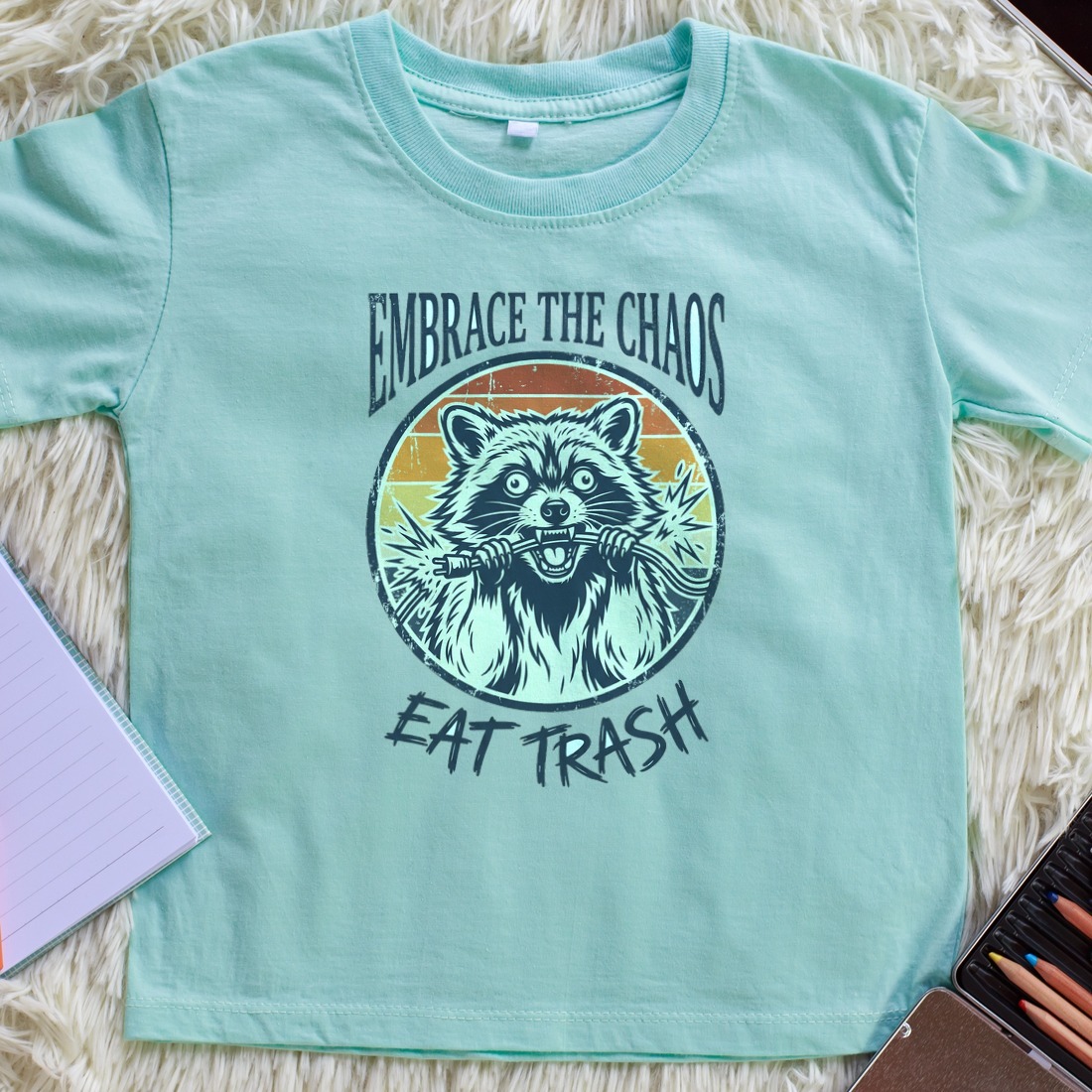 Feral & Free Retro Trash Panda Kids Tee — lifestyle photo