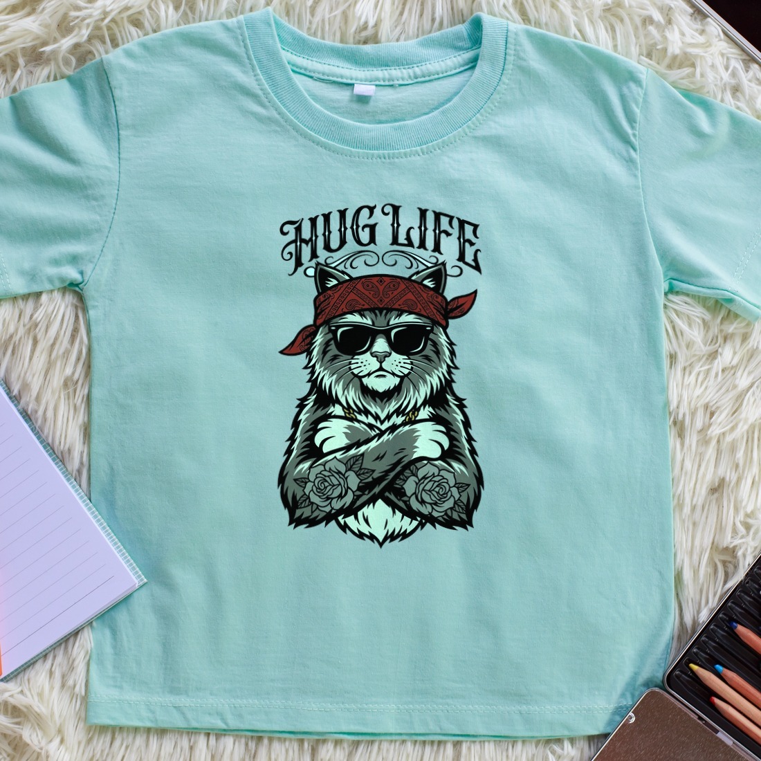 Hug Life Hardcore Bandana Feline Kids Tee — lifestyle photo