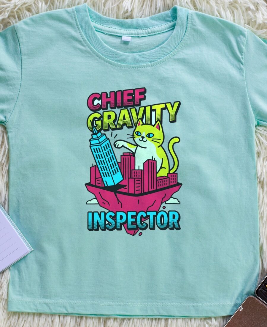 Chief Gravity Inspector Kaiju Cat Kids Tee — lifestyle photo