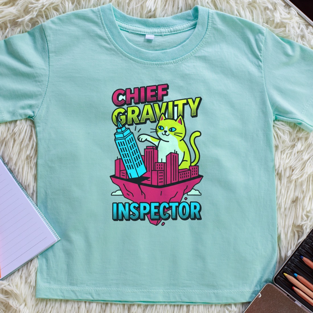 Chief Gravity Inspector Kaiju Cat Kids Tee — lifestyle photo