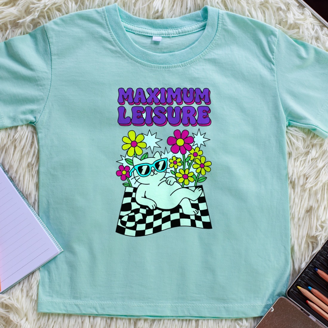 Maximum Leisure Psychedelic Cat Kids Tee — lifestyle photo