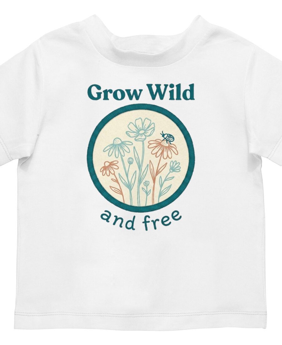 Stitched Meadow & Little Beetle Faux Embroidery Kids Tee — lifestyle photo