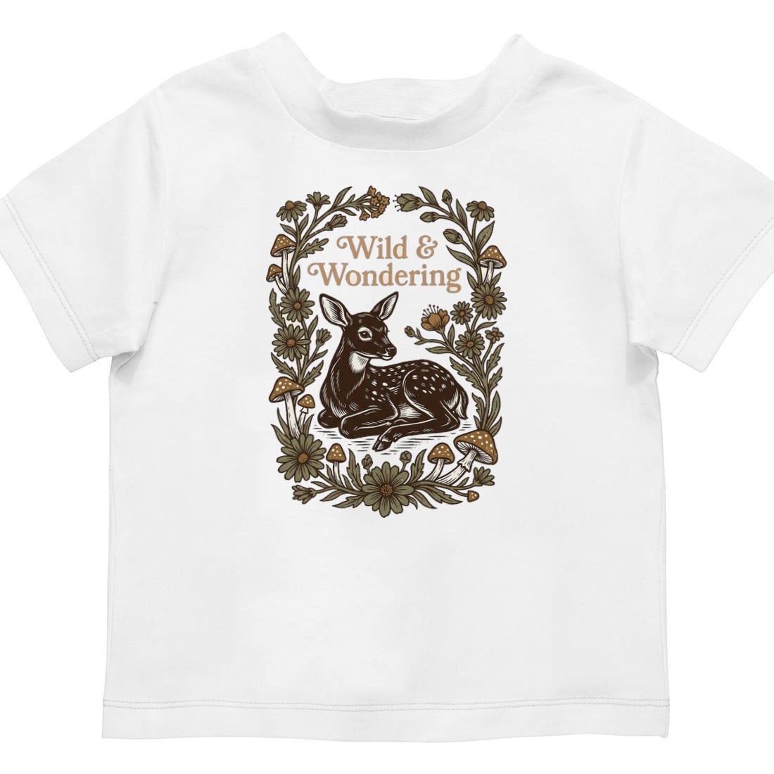 Forest Child Vintage Fawn & Fungi Kids Tee — lifestyle photo