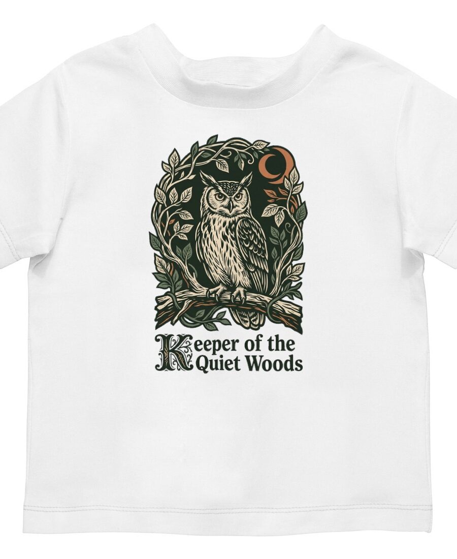 Midnight Forager Linocut Owl Kids Tee — lifestyle photo