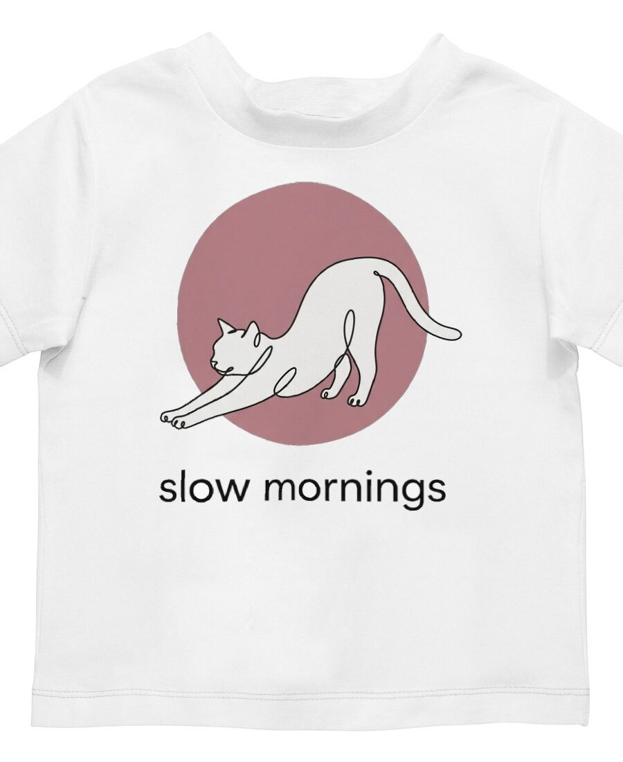 Minimalist Single-Line Stretching Cat Kids Tee — lifestyle photo