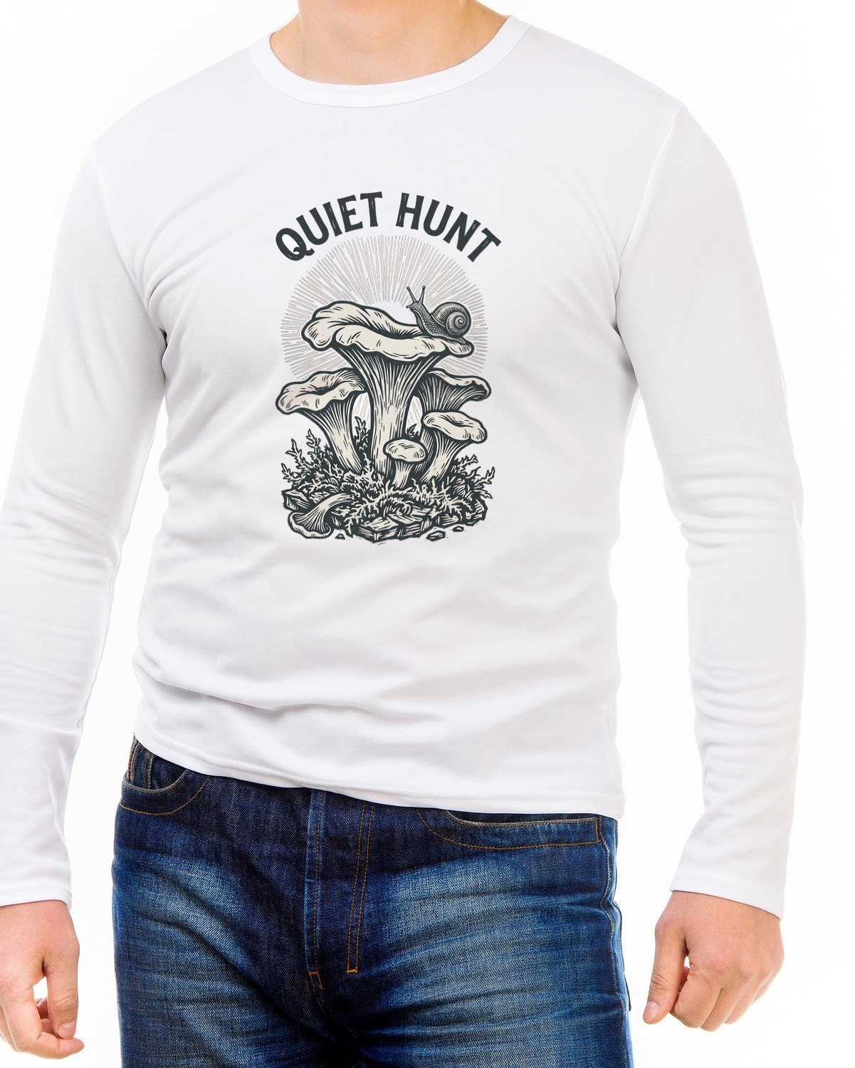 Quiet Hunt Linocut Chanterelle Long Sleeve — lifestyle photo