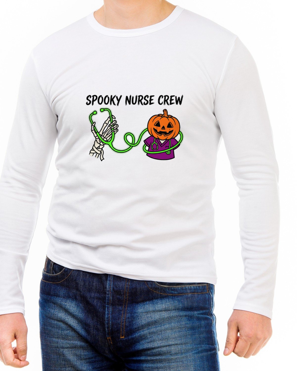 Skeleton Pulse Jack-O-Lantern Scrubs Long Sleeve — lifestyle photo